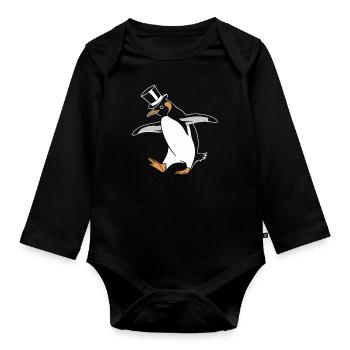 Pingouin élégant dansant joyeusement avec un chapeau haut de forme - Body Bébé bio manches longues - noir - Devant