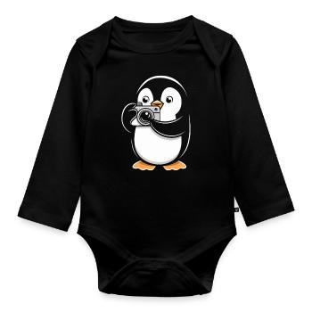 Pingouin avec appareil photo Photographe Hobby Photographie - Body Bébé bio manches longues - noir - Devant