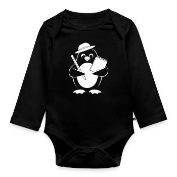 Penguin Journalist Reporter With Notebook - Organic Longsleeve Baby Bodysuit - black - Front