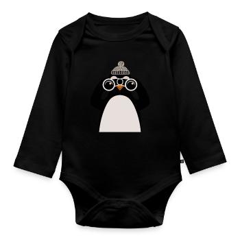 Pingouin avec jumelles et motif de casquette - Body Bébé bio manches longues - noir - Devant