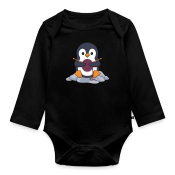Strickender Pinguin Mit Wolle und Nadeln - Baby Bio-Langarm-Body - Schwarz - Vorne