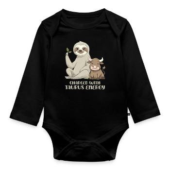 Taurus Tierkreis Faultier Mit Aufgeladener Energie - Baby Bio-Langarm-Body - Schwarz - Vorne