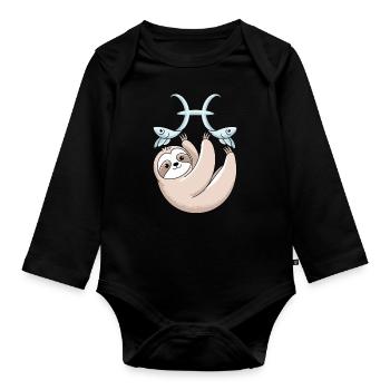 Pisces Zodiac Sign Sloth with Two Pisces - Organic Longsleeve Baby Bodysuit - black - Front