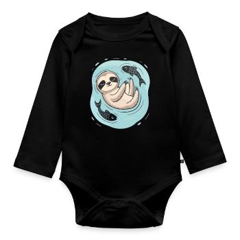 Dreaming Pisces-Zodiac Sloth with Fish - Organic Longsleeve Baby Bodysuit - black - Front