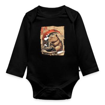 Mignon Kawaii Capybara Nourriture Ramen Japonais - Body Bébé bio manches longues - noir - Devant