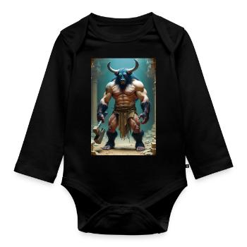 Minotaur, massive bull-headed warrior gripping axe - Organic Longsleeve Baby Bodysuit - black - Front