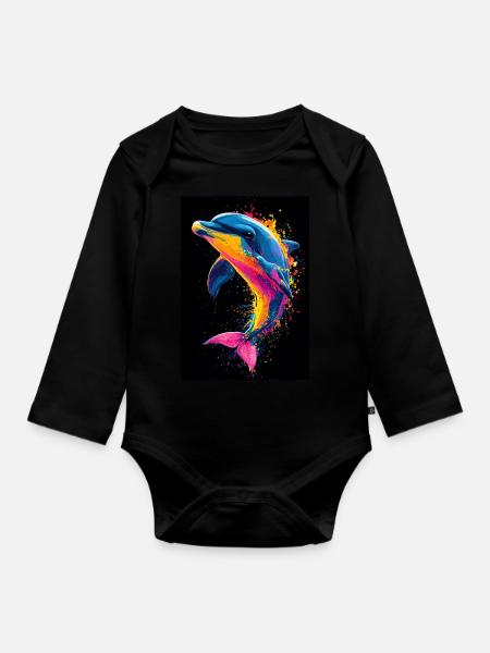 Delfin Pop Art Bunt - Baby Bio-Langarm-Body - Schwarz