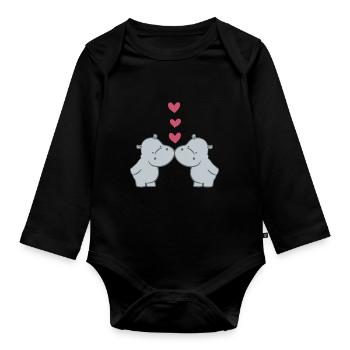 Flusspferd – Hippopotamus - Hippo - Paar - Herzen - Baby Bio-Langarm-Body - Schwarz - Vorne