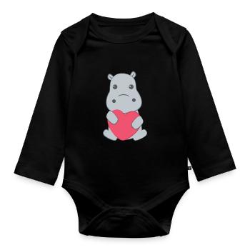 Flusspferd – Hippopotamus - Hippo - Herz - Baby Bio-Langarm-Body - Schwarz - Vorne