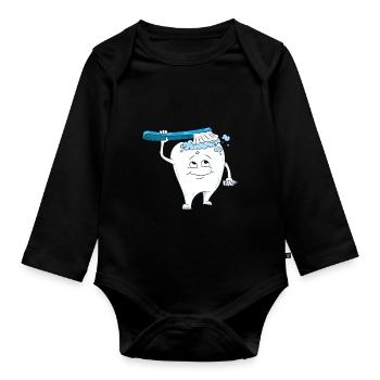 Zahn putzt sich, Zahnreinigung, Zähne putzen, Zahn - Baby Bio-Langarm-Body - Schwarz - Vorne