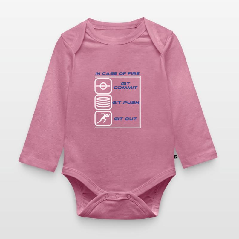 "In Case Of Fire Git Commit Git Push Git Out" Organic Longsleeve Baby Bodysuit