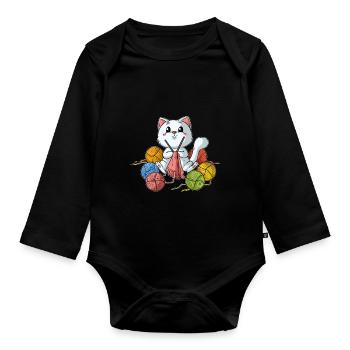 Cat Knitting Kitten Wool Ball of Wool Kitty - Organic Longsleeve Baby Bodysuit - black - Front