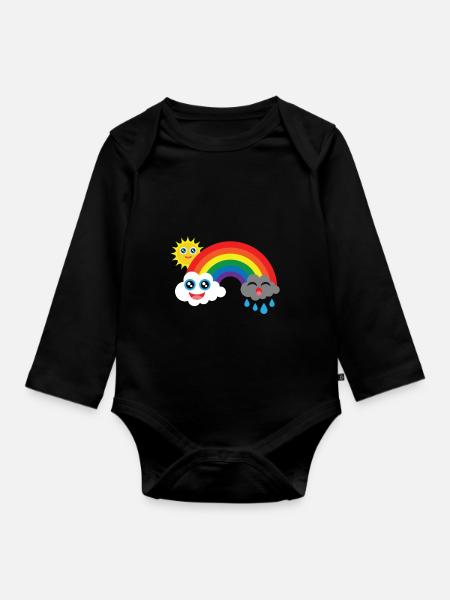 Wolken lachen und weinen mit Sonne im Regenbogen - Baby Bio-Langarm-Body - Schwarz