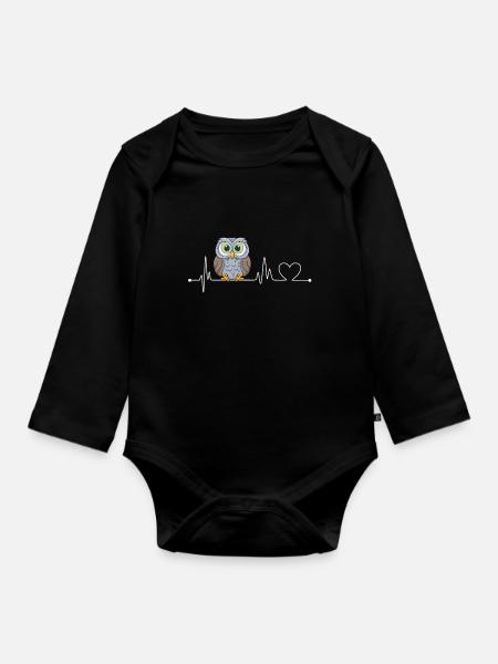Eulen Herzschlag Heartbeat EKG Eule Puls Süßes Eul - Baby Bio-Langarm-Body - Schwarz