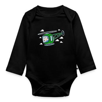 Hélicoptère vert | Bébé et hélicoptère - Body Bébé bio manches longues - noir - Devant