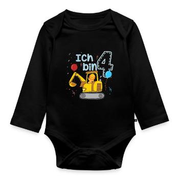 Kinder Geburtstag Geschenk Ich bin 4 - Bagger - Baby Bio-Langarm-Body - Schwarz - Vorne