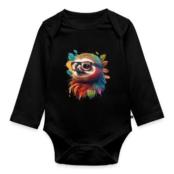 Buntes Faultier, schlau und gebildet mit Brille - Baby Bio-Langarm-Body - Schwarz - Vorne
