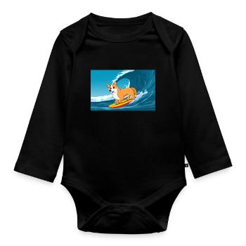 Cardigan Welsh Corgi Dog Surfing Sea Waves - Organic Longsleeve Baby Bodysuit - black - Front