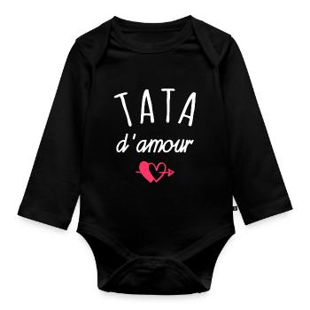 tata d amour / cadeau humour tata - Body Bébé bio manches longues - noir - Devant