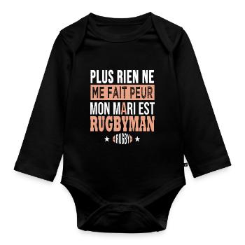 Rugby sport rugby Cadeau femme mari joueur rugby - Body Bébé bio manches longues - noir - Devant