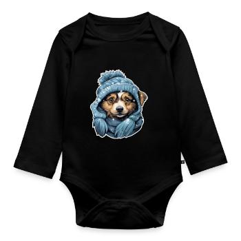 Chien d’hiver avec chapeau et écharpe - Body Bébé bio manches longues - noir - Devant