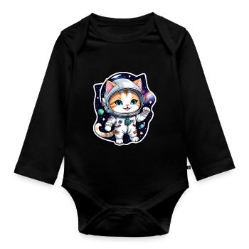 Astronaut Cat - Space - Organic Longsleeve Baby Bodysuit - black - Front