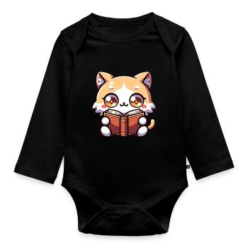Katze liest Buch Kätzchen Bodysuit Druck - Baby Bio-Langarm-Body - Schwarz - Vorne