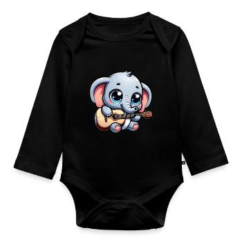 Elefant Gitarre spielen Jumbo Melodien Baby Te - Baby Bio-Langarm-Body - Schwarz - Vorne