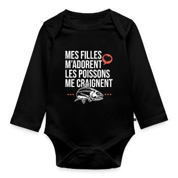 mes filles m adorent les poissons papa pêcheur - Body Bébé bio manches longues - noir - Devant
