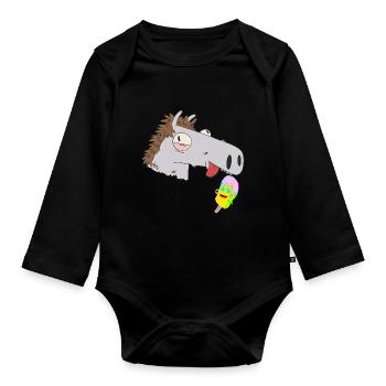 Tête de cheval glace crème enfants été enfant cheval chevaux - Body Bébé bio manches longues - noir - Devant