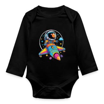 Petit astronaute dans un vaisseau spatial coloré dans l’espace - Body Bébé bio manches longues - noir - Devant