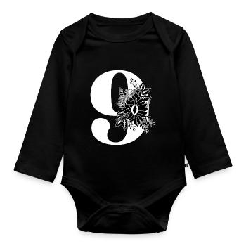 Nummer 9 Schwarze Blumen -9. Geburtstag Blumen - Baby Bio-Langarm-Body - Schwarz - Vorne