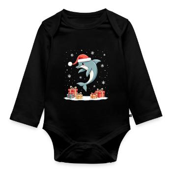 Dolphin with Santa Hat Snowflakes - Organic Longsleeve Baby Bodysuit - black - Front