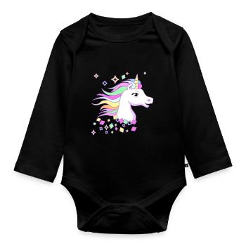 Douce Licorne avec des diamants, des étoiles et de beaux yeux - Body Bébé bio manches longues - noir - Devant