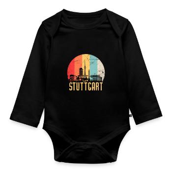 Stuttgart Skyline Silhouette 80er Retro Vintage - Baby Bio-Langarm-Body - Schwarz - Vorne