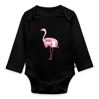 Flamingo Camper Van Camping Outdoor Watvogel - Baby Bio-Langarm-Body - Schwarz - Vorne