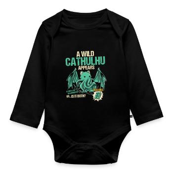 A wild cathulhu appears - Kawaii - Organic Longsleeve Baby Bodysuit - black - Front