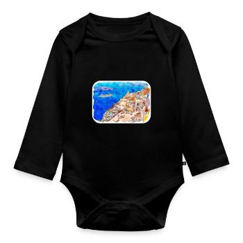 Santorin Grèce croquis aquarelle dessin dessiné - Body Bébé bio manches longues - noir - Devant