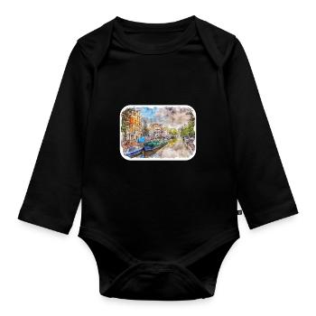 Europa Aquarellskizze Handgezeichnete Illustration - Baby Bio-Langarm-Body - Schwarz - Vorne