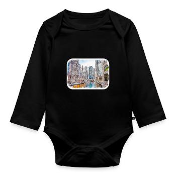 Chicago USA Watercolor Sketch Drawn Illustration - Organic Longsleeve Baby Bodysuit - black - Front