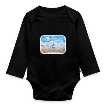 Paris France France Watercolor Sketch Illustration - Organic Longsleeve Baby Bodysuit - black - Front