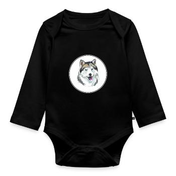 Alaskan Husky Hund Aquarell Skizze Illustration - Baby Bio-Langarm-Body - Schwarz - Vorne