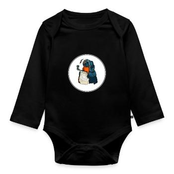 Bernese Mountain Dog Watercolor Illustration - Organic Longsleeve Baby Bodysuit - black - Front