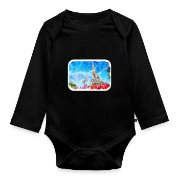 Paris France Watercolor Sketch Drawn Illustration - Organic Longsleeve Baby Bodysuit - black - Front
