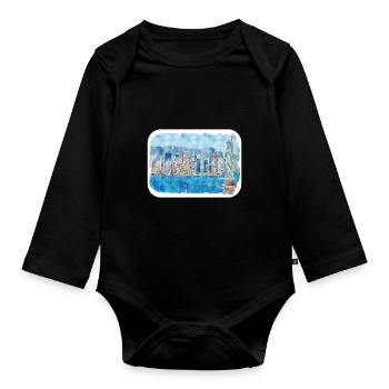 New York Usa Watercolor Sketch Drawing - Organic Longsleeve Baby Bodysuit - black - Front