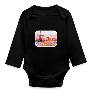 Europa Aquarellskizze Handgezeichnete Illustration - Baby Bio-Langarm-Body - Schwarz - Vorne