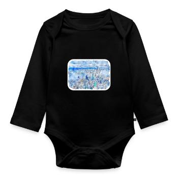 Hong Kong China Aquarell Skizze Zeichnung - Baby Bio-Langarm-Body - Schwarz - Vorne