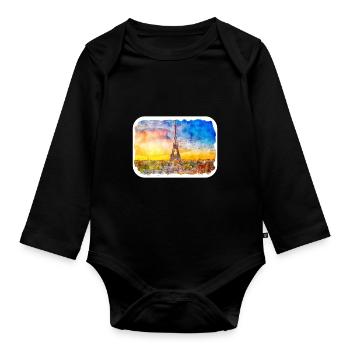 Paris France Watercolor Sketch Drawn Illustration - Organic Longsleeve Baby Bodysuit - black - Front