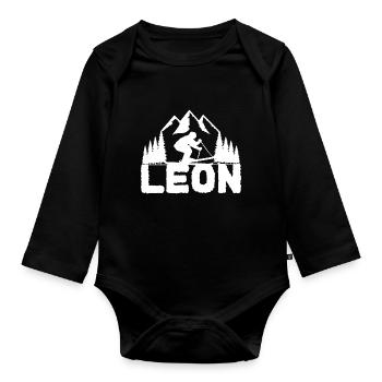 Skieur Skieur Prénom Leon Nom Skis Sports d’hiver - Body Bébé bio manches longues - noir - Devant