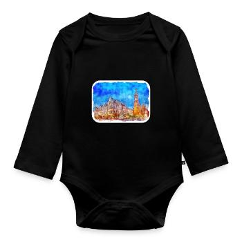 Krakau Polen Aquarell Skizze Illustration - Baby Bio-Langarm-Body - Schwarz - Vorne